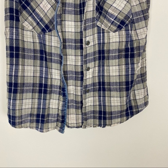 VINTAGE VISION Blue Gray Plaid Knit Jean Collar Button Shirt Vest Large Grunge - Picture 3 of 6
